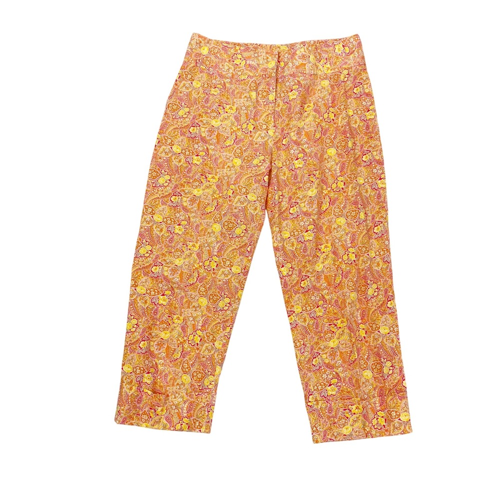 J. McLaughlin Paisley Print Cropped Pants Orange Yellow Floral Size 8 USA Made